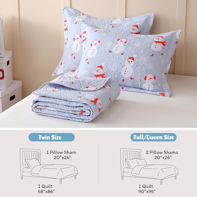 JSD Blue Snowman Christmas Kids Quilt Set Full/Queen, 3 Pcs Christmas Beddings Soft Microfiber Bedspread Coverlet Holiday Quilted Blanket