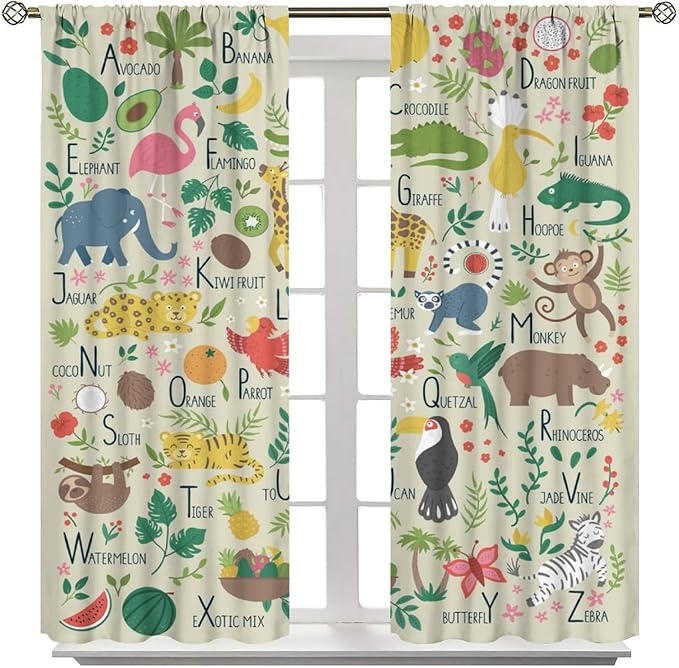 Kid Alphabet Curtains Funny Cartoon Animal Cute Educational Learning Colorful Curtain with Rod Pocket for Bedroom Living Room Decor Drapes Window Treatments 2 Panels Set 52" W X 84" L