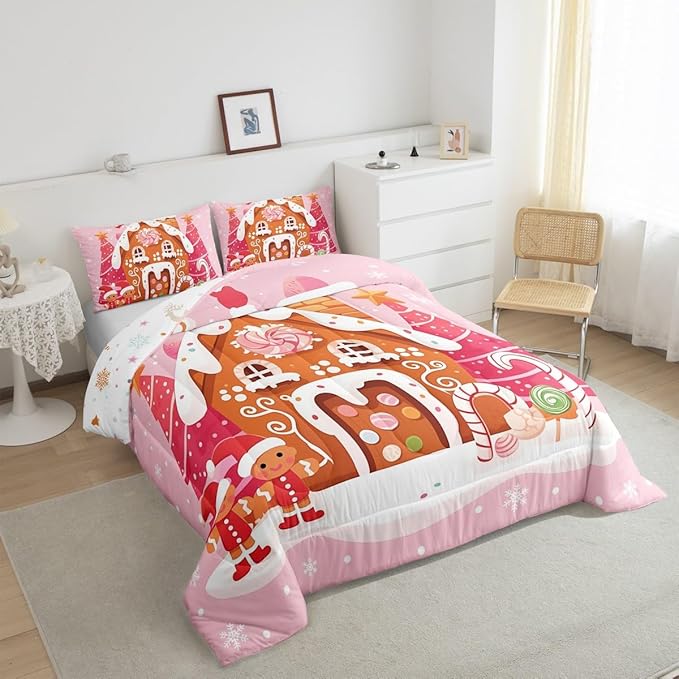 jejeloiu Kids Christmas Theme Comforter Set Toddler Cute Gingerbread Man Bedding Set for Boys Girls Teens Pink Xmas Tree Candy House Winter Snowflake New Year Duvet Quilt Room Decor