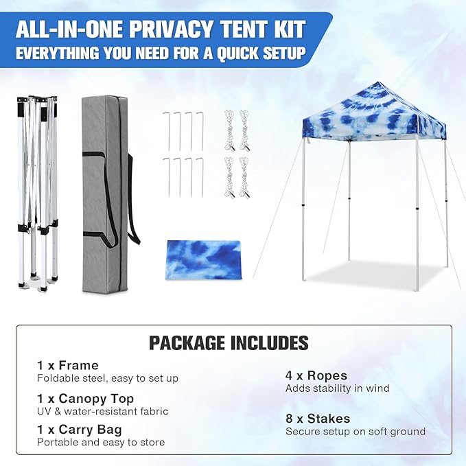 EAGLE PEAK 5x5 Pop Up Canopy Tent Instant Outdoor Canopy Easy Set-up Straight Leg Folding Shelter, Tie Dye Blue