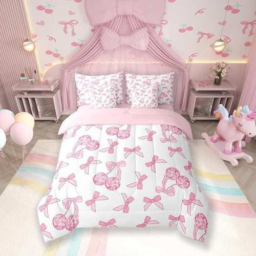 7 Pieces Cartoon Bowknot Kids Comforter Set Full,Western Cowgirl Disco Ball Retro Bedding Set,Bow Tie Cute Princess Pink Romantic（Comforter+Fitted+Flat Sheet+2 Pillowcases+2 Throw Pillow Covers）