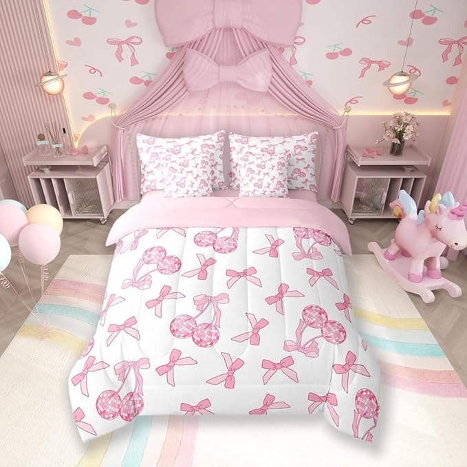 7 Pieces Cartoon Bowknot Kids Comforter Set Twin,Western Cowgirl Disco Ball Retro Bedding Set,Bow Tie Cute Princess Pink Romantic（Comforter+Fitted+Flat Sheet+2 Pillowcases+2 Throw Pillow Covers）