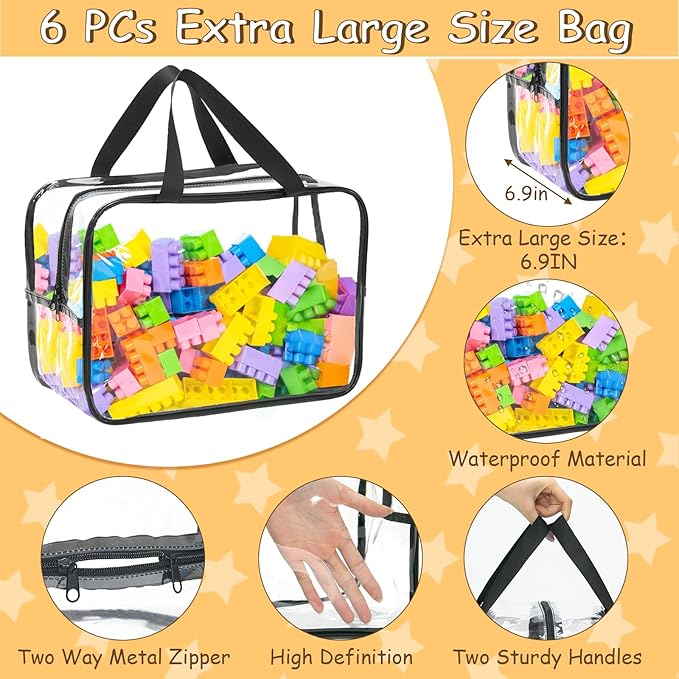 12.6 * 9.25 * 6.9 IN Extra Large Toy Storage Bags, 6 Packs Clear Waterproof Toy Organizer Bags with Labels, Dual Zippers and Portable Handheld Design, Board Game Storage for Building Blocks, Puzzle