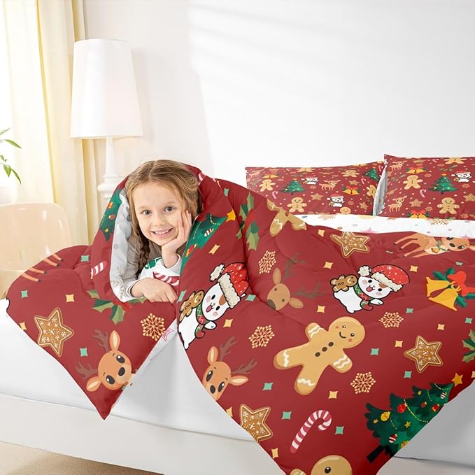 Feelyou Merry Christmas Comforter Set Full Size Gingerbread Man Bedding Set for Kids Boys Girls Cute Deer Duvet Quilt Christmas Tree Microfiber 3 Pcs with 2 Pillow Cases