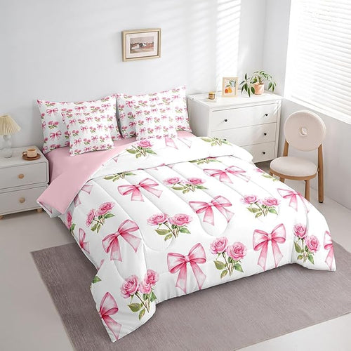 7 Pieces Pink Bowknot Kids Comforter King,Rose Flowers Valentine's Day Romantic Bedding Set,Pink Bow Tie Knot Princess Dreamy（Comforter+Fitted+Flat Sheet+2 Pillowcases+2 Throw Pillow Covers）