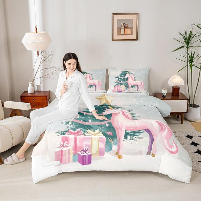 Feelyou Merry Christmas Comforter Set King Size Cute Unicorn Bedding Set for Kids Boys Girls Gift Duvet Quilt Christmas Tree Bedroom Decor Microfiber 3 Pcs with 2 Pillow Cases