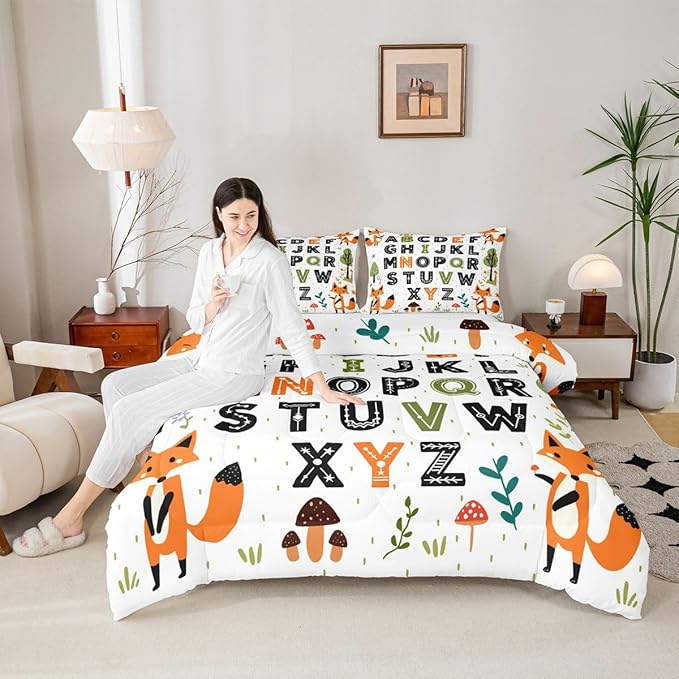 Feelyou Educational Nursery Art Comforter Set Toddler Size Alphabet Kids ABC Learning Bedding Set for Kids Boys Girls Cute Fox Duvet Quilt Woodland Animals Bedroom Decor 2 Pcs with 1 Pillow Cases