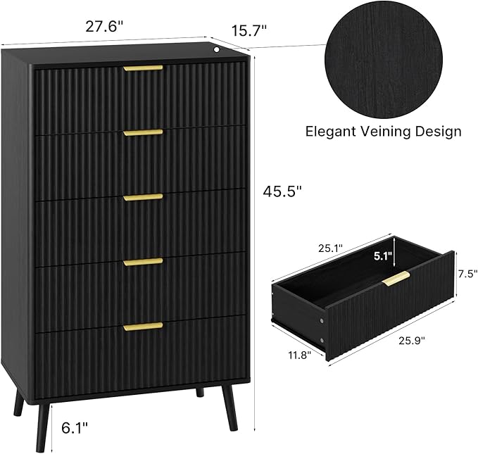 LYNSOM Fluted Dresser and Nightstand Sets 2 Piece, 2-Drawer Nightstands and 5-Drawers Dresser, Wood Bedroom Furniture Set for Home, Bedroom, Hallway, Black