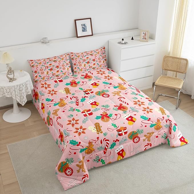 Feelyou Cute Gingerbread Man Bedding Set for Kids Boys Girls King Size Comforter Set Ultra Soft Winter Christmas Comforter Xmas Duvet Quilt Bedroom Decor Christmas Decor Quilt
