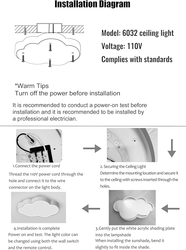 Cloud Shape LED Ceiling Light for Kids Room, 58cm/23inch, 48W, Blue, with Remote Control 4 Color Temperatures, Eye Protection Bedroom Study/Nursery Ceiling Light