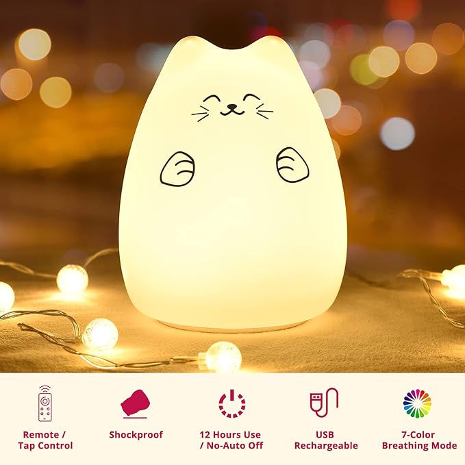 GoLine Cute Night Lights for Kids, Best Christmas Birthday Gifts for 3-12 Year Old Girls Teen, Cat Silicone Baby Night Light for Newborn, Remote and Tap Control