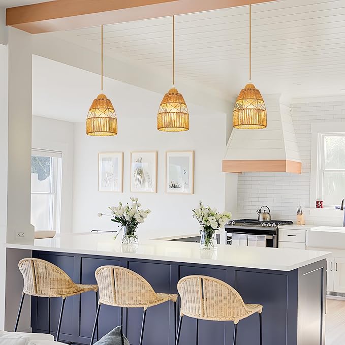 Boho Rattan Pendant Light Kitchen Island,Farmhouse Chandeliers Adjustable Height Hanging lamp for Dining Room,Small Kitchen Ceiling Lights Fixtures with Hand Woven Wicker Lampshade Lighting