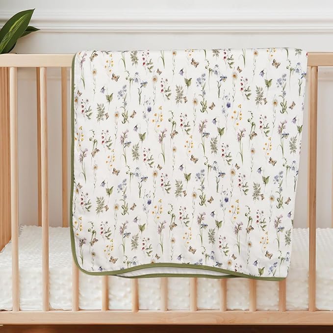 Little Jump Boho Vintage Floral Muslin Blanket Baby Quilt - Silky Soft and Breathable Crib Blanket for Daycare - Large 47" x 47" - 2 Layers Toddler Summer Blankets for Girls (Wildflower and butterfly)