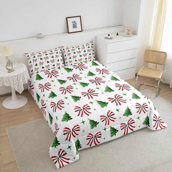 Manfei Merry Christmas Comforter Set Twin Size, Red Bow Green Tree Bedding Set 2pcs, New Year Theme Down Comforter for All Season, Kids Girls Room Decor, Lightweight Duvet Insert, 1 Pillowcase
