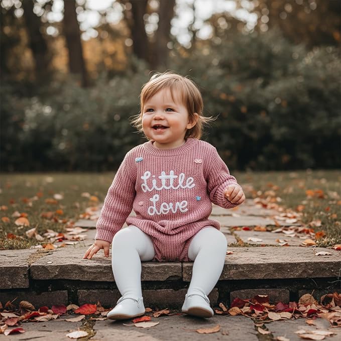 Lesimsam Newborn Baby Boy Girl Valentines Day Outfit Oversized Embroidery Long Sleeve Knit Sweater Bubble Romper Bodysuit