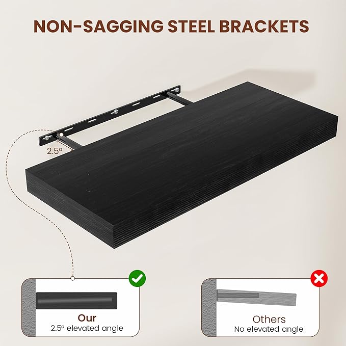 Vivelove 12" Deep Floating Shelves for Wall 36 Inches Long, 2 in Thick Wall Shelves, Shelf for Bedroom, Bathroom, Living Room, Kitchen, Office, Modern Home Decor, 36" X 12" X 2", Set of 2, Black