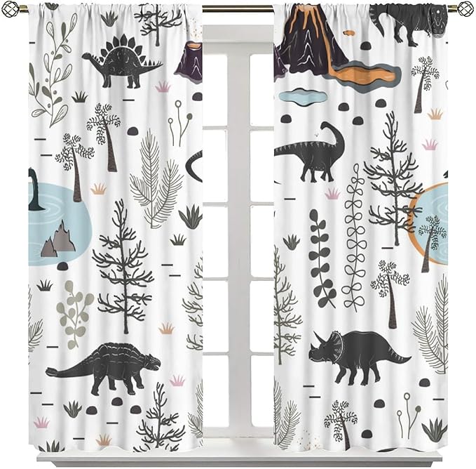 Funny Dinosaur Curtains Cute Dino Cartoon Animals Abstract Aesthetics Art Print for Kids Girls Boys Bedroom Living Room Rod Pocket Decoration Window Drapes 2 Panels W21xL45in
