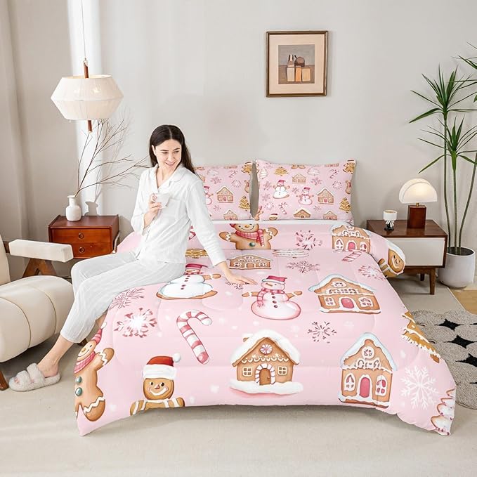 Feelyou Pink Christmas Kids Comforter Set Queen Size Snowman Bedding Set Gingerbread Man Duvet Quilt for Kids Boys Girls Bedroom Snowflake Candy Cane Decor Microfiber Ultra Soft Breathable