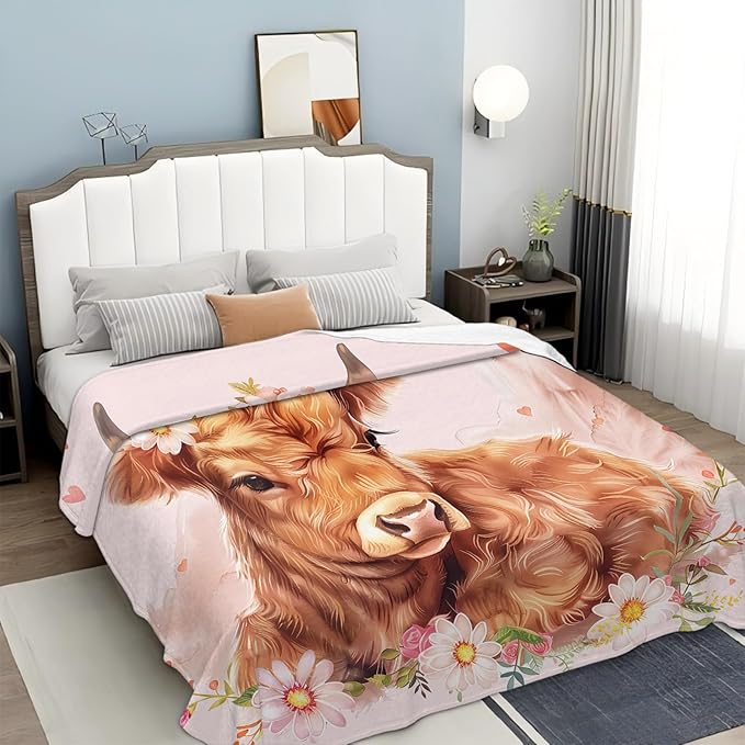 Tijuboni Pink Cow Throw Blanket Highland Cow Gifts for Girls Women Boys Men Kids Adults Soft Flannel Fleece Blanket for Couch Sofa Bed Home Decor 60"x80"