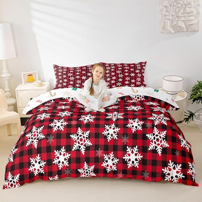 Christmas Kids Bedding Set Snowflake Xmas Theme Bedding Duvet Cover Set for Boys Girls Red Black Buffalo Check Decor Comforter Cover Set New Year Bedspread Cover Bedroom Quilt Cover 3Pcs Full Size