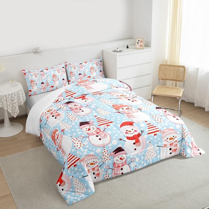 Manfei Christmas Comforter Set Queen Size, Snowman and Xmas Trees Bedding Set 3pcs for Kids Girls Adults Bedroom Decor, New Year Blue Down Comforter Soft Polyester Quilt Set with 2 Pillowcases