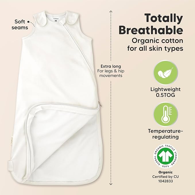 2-Pack Organic Baby Sleep Sacks, 100% Cotton - Soft & Breathable 0.5TOG Baby Wearable Blanket,Toddler Sleeping Sack 6-18 months, Easy to Wear Transitional Swaddles for Newborns,Infants (Soft White, M)