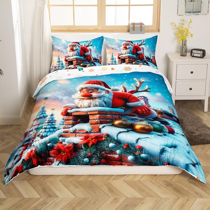 Cute Santa Claus Duvet Cover Set Twin Size,Winter Snow Cabin Rustic Farmhouse Bedding Set,Boys Girls Room Decor,Xmas Tree Merry Christmas Comforter Cover,White Quilt Cover,1 Pillowcase,No Comforter