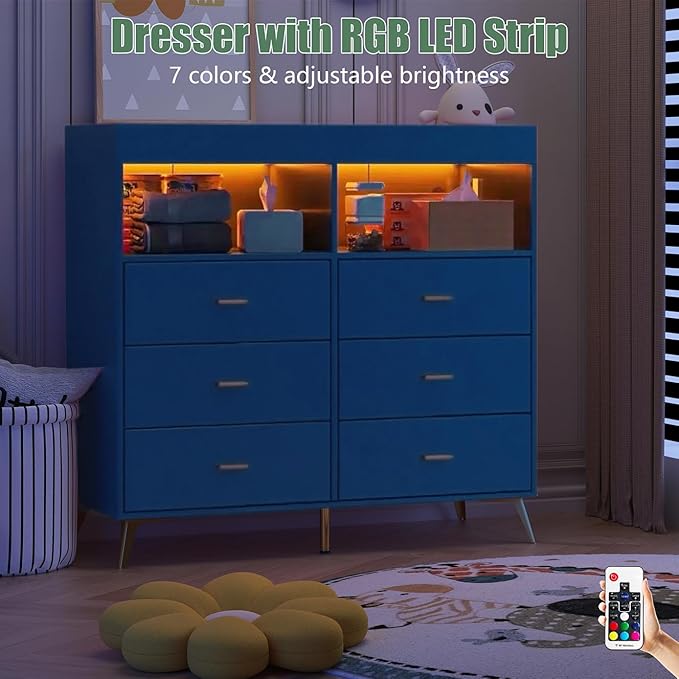 Dresser for Bedroom with LED Lights and Power Outlet, Baby Changing Table Dresser with 6 Drawers, 2 Open Storage Shelves, Baby Diaper Station with Changing Table Top (Blue)