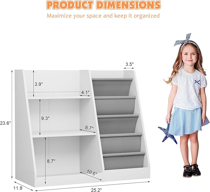 NACHES 3 Tier Kid Bookshelf Wooden 4 Sling Children Bookcase Toddler Adjustable Book Rack Display Toy Storage Organizer Book Display Shelf Classroom Bedroom Nursery Playroom,25inch (White, Small)