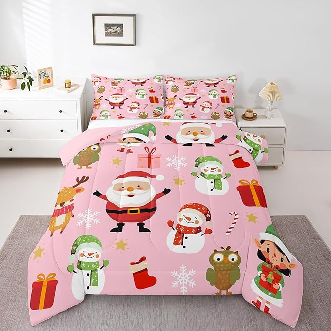 Erosebridal Merry Christmas Bedding Set for Kids Santa Claus Quilts Cute Cartoon Snowman Comforter Set King Size with 2 Pillow Cases Xmas Snowflake Duvet Insert,Pink