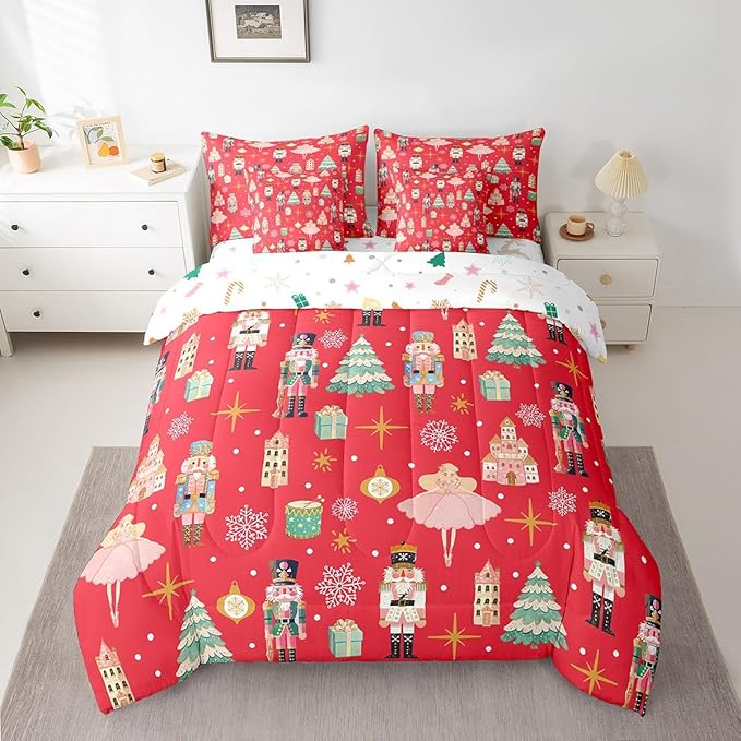 Erosebridal 7Pcs Red Christmas Comforter Set Full Size,Christmas Nutcracker Bedding Set,Girly Dreamy Princess Bed in A Bag,Xmas Pine Tree Snowflake Quilt with Flat Fitted Sheet,Red