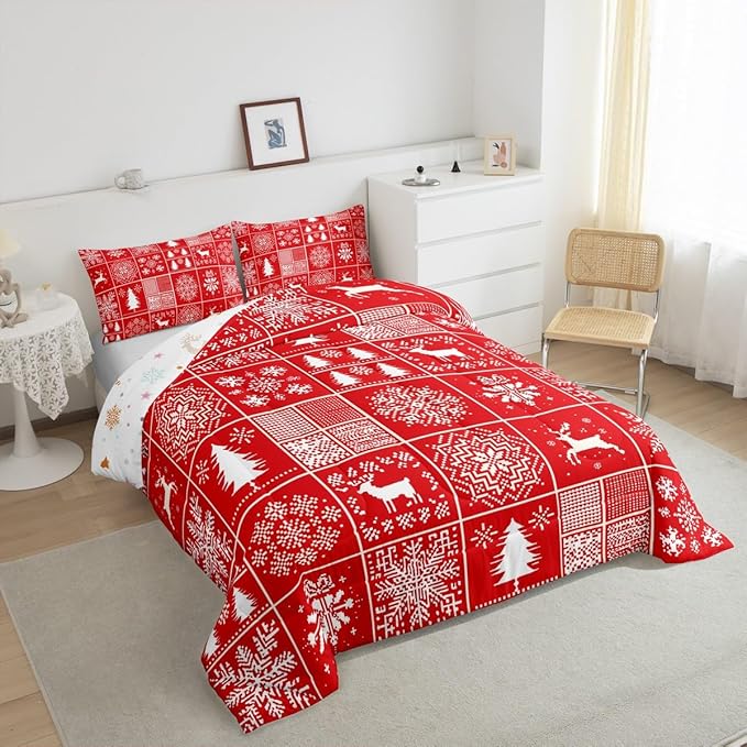 Kids Merry Christmas Comforter Set Twin Size,Deer Snowflake Pines Silhouette Bedding,Girls Boys Adults Bedroom/Xmas Cabin Decor,Geometric Lattice Down Comforter,Red Bright Duvet Insert,1 Pillowcase