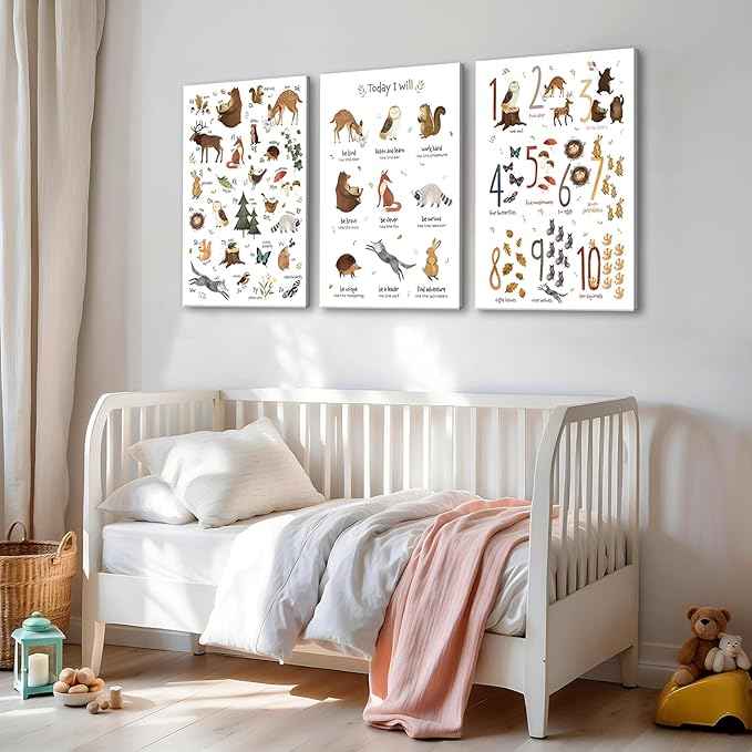 3Pcs Animal Alphabet Numbers Canvas Wall Art Classroom Nursery Painting Educational ABC Poster Prints Kids Playroom Picture Positive Affirmations Animal Wall Decor for Boy Girl Room 16x24in Framed