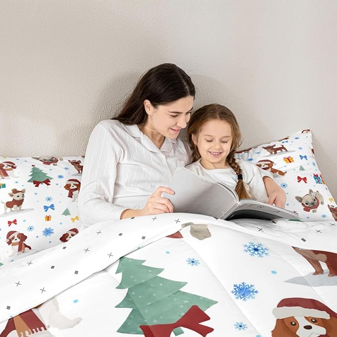 Feelyou Christmas Puppy Comforter Set All Season Festive Pet Bedding Set with 1 Pillow Cases Cute Dog Kids Toddler Bedclothes Xmas Tree Snowflake Bedroom Decor Duvet Quilt Breathable Soft Lightweight
