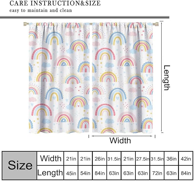 Kids Rainbow Curtains Boho Cartoon Colorful Stars Love Heart Lovely Abstract Art Pattern Print Window Drapes for Girl Bedroom Living Room Kitchen Decor,2 Panel Set,42Wx45H Inch Blackout