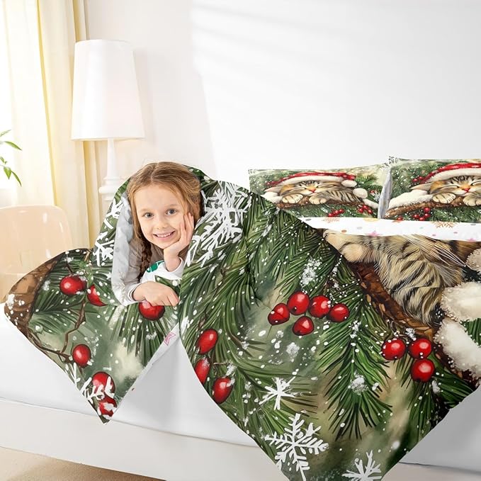Xmas Cat Comforter Set King Size,Snowflake Holly Berries Winter Kids Bedding Set,Merry Christmas Poinsettia Animal Quilt Comforter,Green Yellow Duvet Insert,2 Pillowcases