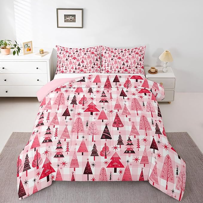 Manfei Cartoon Tree Comforter Set King Size, Christmas Theme Bedding Set 3pcs for Kids Girls Adults Bedroom Decor, New Year Pink Plaid Down Comforter Soft Polyester Quilt Set with 2 Pillowcases
