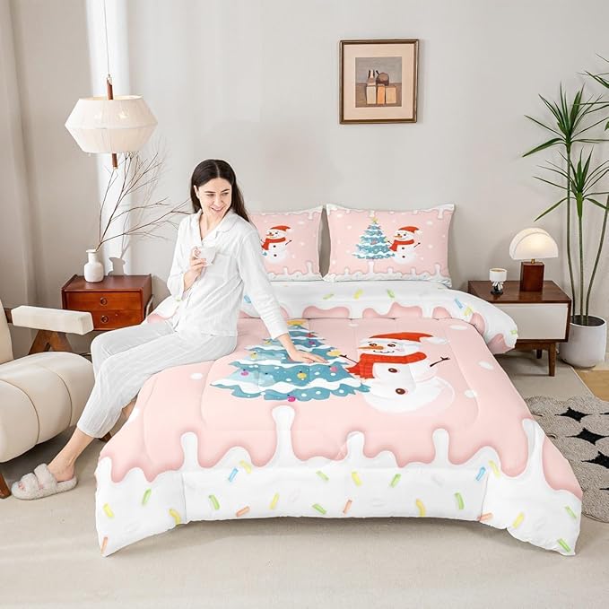 Castle Fairy Cartoon Christmas Comforter Set Toddler Size with 1 Pillowcase,Xmas Cute Snowman Pine Trees Kawaii Pink Bedding Set for Kids Girls Women,Dessert Cream Candy Girly Funny Quilted Set