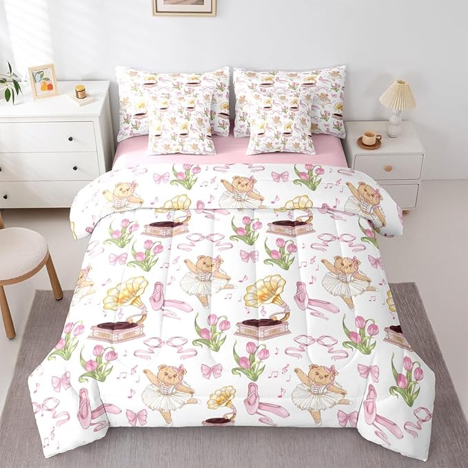 Pink Bowknot Princess Comforter Full Size,Ballet Shoes Bear Dancer Cartoon 7 Pcs Bedding Set,Tulip Flower Music Note Record Decor,Bow Tie Romantic （Fitted+Sheet+2 Pillowcases+2 Throw Pillow Covers）