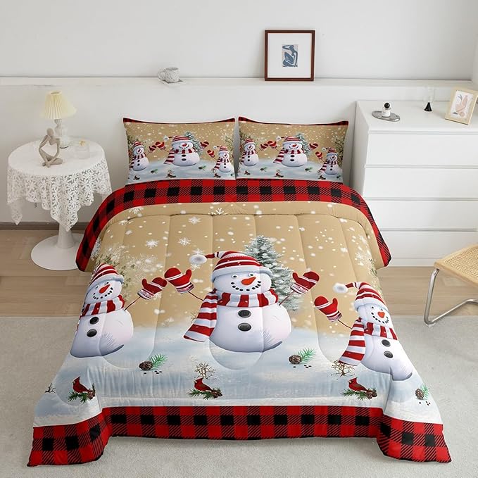 Cartoon Snowman Kids Christmas Comforter Set Twin Size,Pines Snowflake Rustic Bedding,Girls Boys Adults Bedroom/Xmas Cabin Decor,Grids Geometric Down Comforter,Farmhouse Duvet Insert,1 Pillowcase