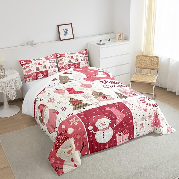 Christmas Tree Comforter Set King Size,Merry Christmas Duvet Insert for Kids Boys Girls Room Decor,Snowman Christmas Tree Snowflake Bedding Set 3Pcs,Cartoon Plaid Patchwork Quilt Set,2 Pillowcases