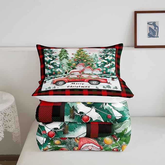Xmas Theme Comforter Set King Size,Christmas Tree Retro Red Truck Duvet Insert for Kids Boys Girls Room Decor,Black Red Plaid Bedding Set 3Pcs,Cartoon Gnome Merry Christmas Quilt Set,2 Pillowcases