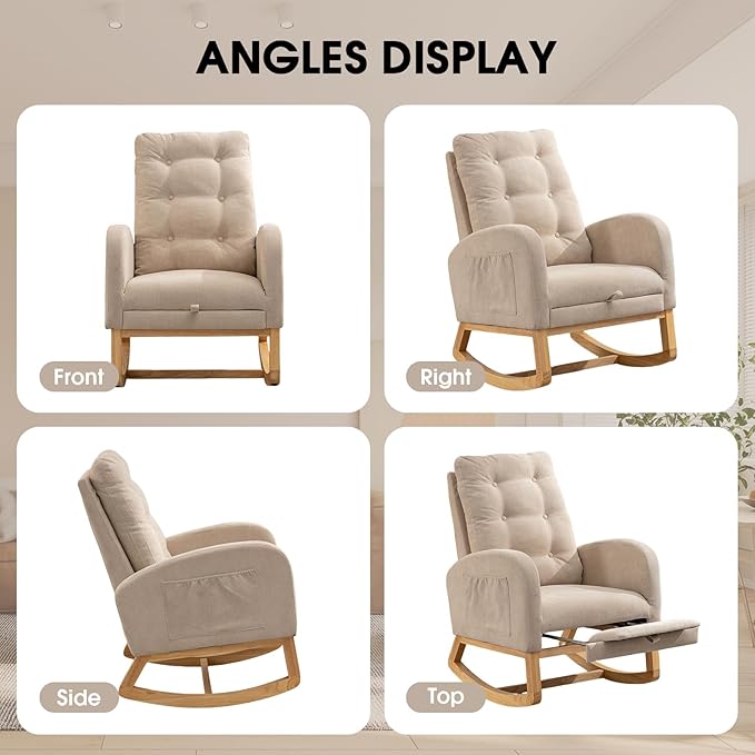 NIOIIKIT Nursery Rocking Chair, Linen Upholstered Glider Chair with Footrest, Tufted Rocker Recliner with Side Pocket, Comfy Recliner Glider, Accent Chair for Living Room (Cream Linen)