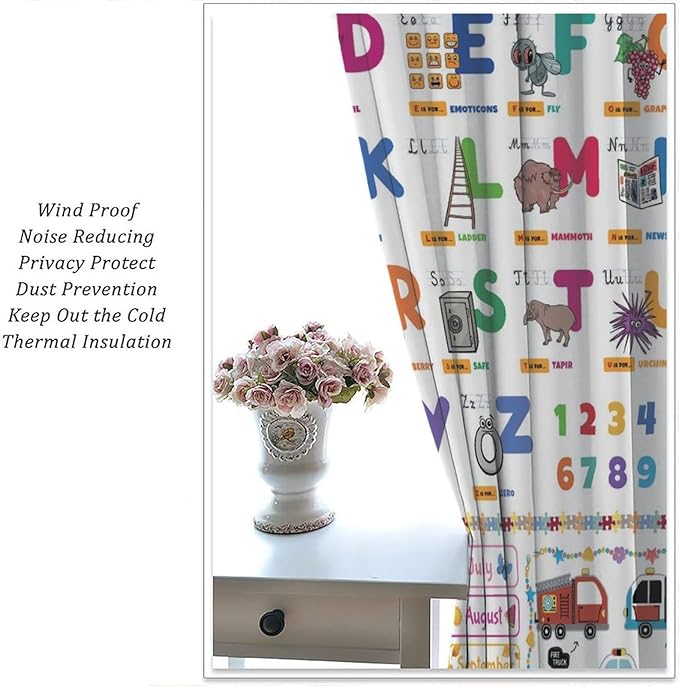 Alphabet Curtain for Kids Room ABC Letter Educational Learning Animal Number Printed Rod Pocket Blackout Window Drapes for Bedroom Playroom Classroom 72" W X 63" L