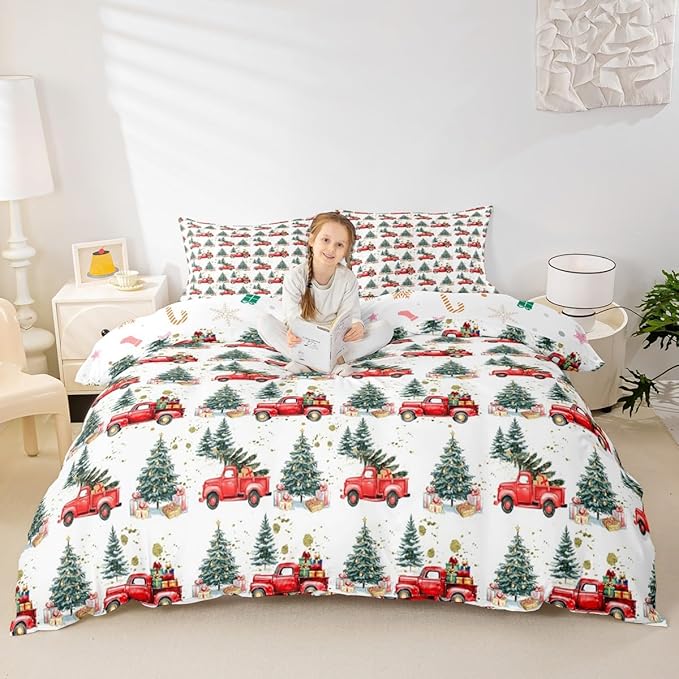 Feelyou Christmas Duvet Cover Boys Christmas Tree Bedding Set for Kids Teens Ultra Soft Cartoon Car Comforter Cover Set Watercolor Xmas Theme Bedspread Cover Room Decor Queen Size Bedclothes Zipper
