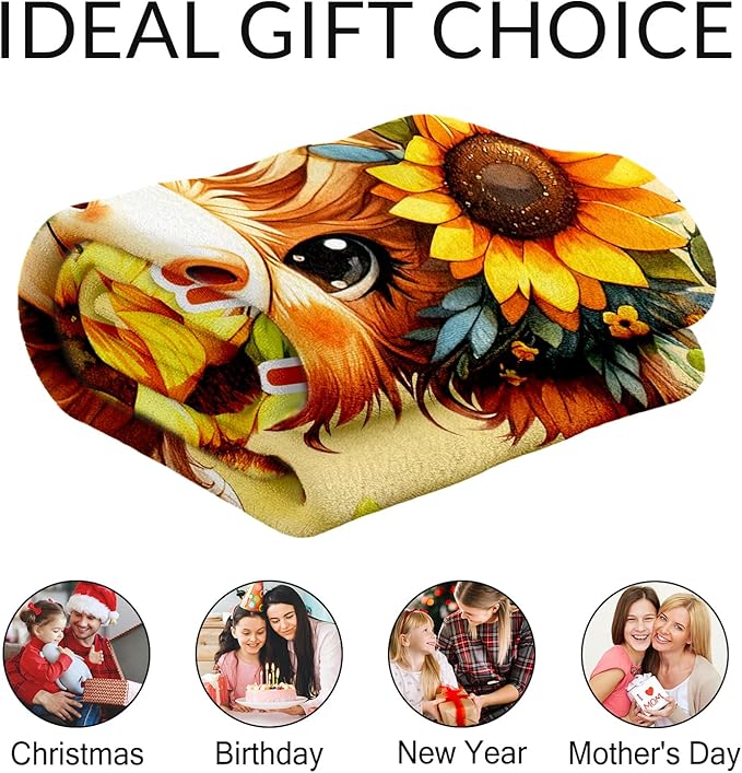 Custom Highland Cow Throw Blanket - 50" x 60" Inches Highland Cow Sunflower Blanket for Teens - Yellow Lightweight Warm Throw for Couch, Bed & Travel