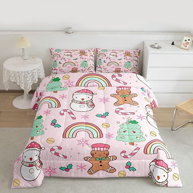 Feelyou Christmas Kids Comforter Set Full Size Merry Christmas Tree and Snowman Bedding Set Gingerbread Man Duvet Quilt for Kids Boys Girls Bedroom Rainbow Print Decor Snowflake Ultra Soft Breathable