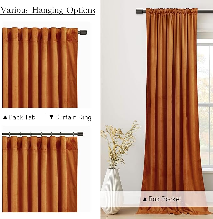 StangH Velvet Curtains 108 inches Long - Orange Room Darkening Thermal Insulated Living Room Drapes Back Tab Privacy Backdrop Curtains for Holiday Decor, W52 x L108, 2 Panels