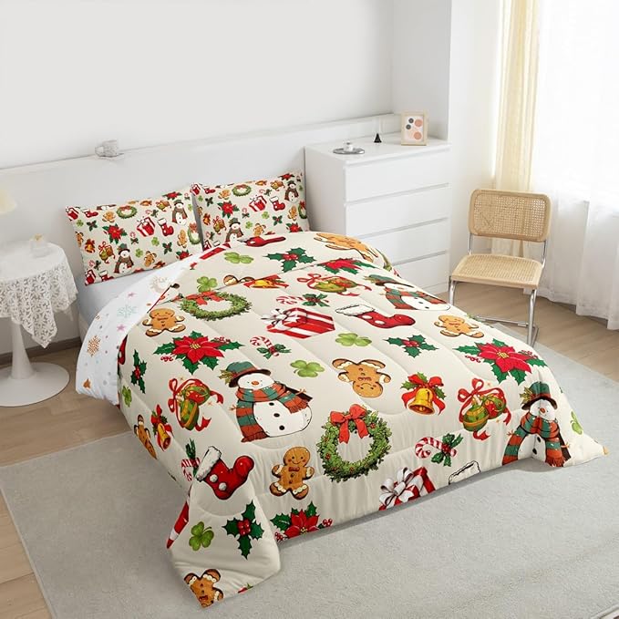 jejeloiu Merry Christmas Comforter Set Queen Size Cute Snowman Bedding Set for Kids Boys Girls Gingerbread Man Duvet Quilt Beige Bedroom Decor