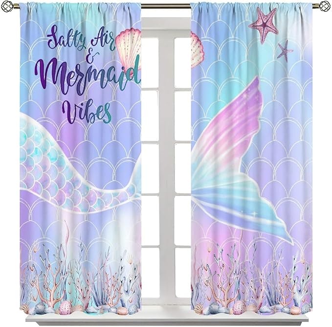 Fantasy Mermaid Curtain Colorful Rainbow Fish Tail Ocean Theme Beautiful Kids Window Treatment for Girls Bedroom Nursery Room Decor Rod Pocket Window Drapes 63x72in